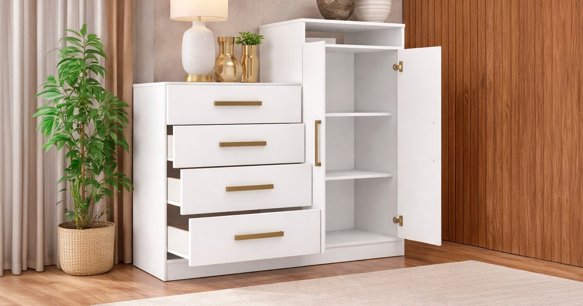 Cômoda Aurea 2 Portas 4 Gavetas com Nicho Branco