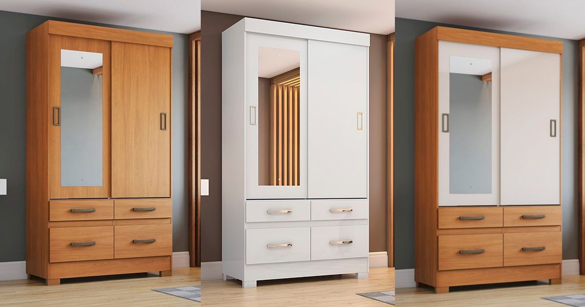 Guarda-Roupa Infantil com 2 Portas de Correr e 4 Gavetas