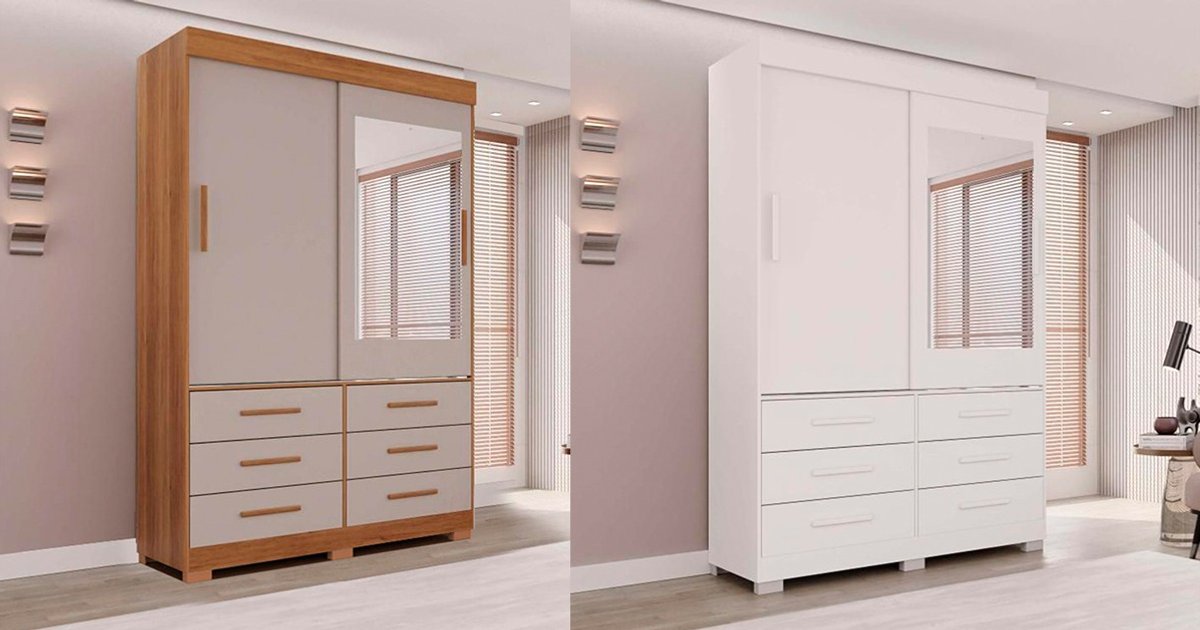 Guarda-Roupa Solteiro New Star 2 Portas 6 Gavetas com Espelho