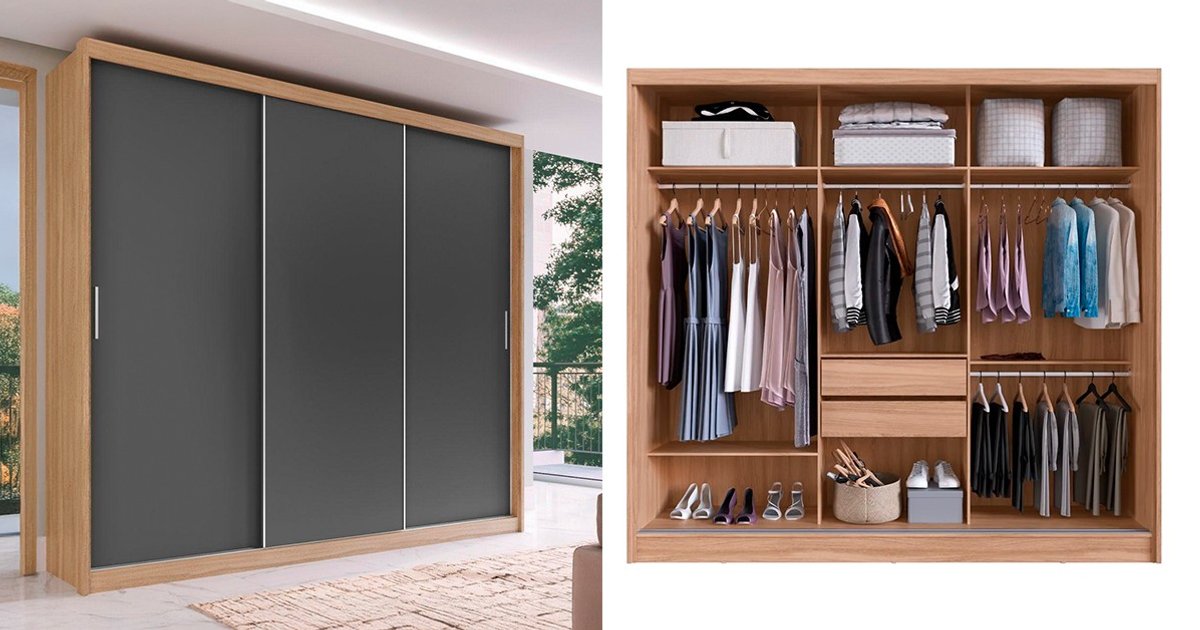 Guarda-Roupa Casal London 3 Portas de Correr 2 Gavetas