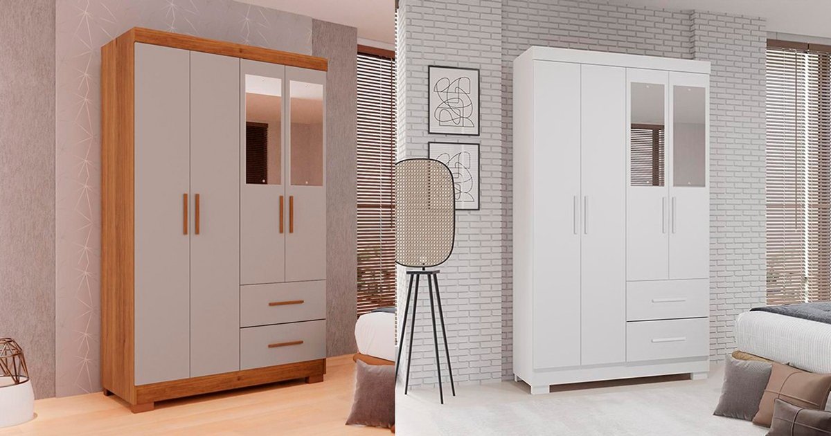 Guarda-Roupa Solteiro Estrela Premium 4 Portas com Espelho