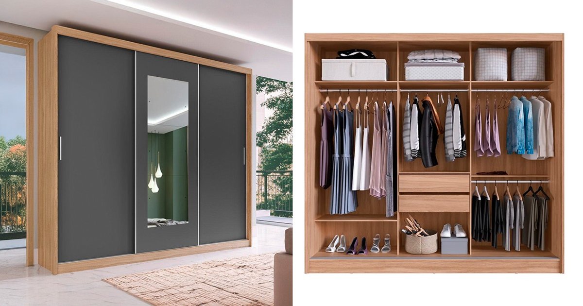 Guarda-Roupa London com Espelho 3 Portas de Correr 2 Gavetas