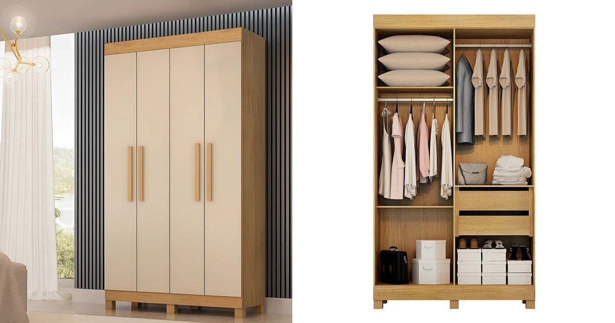 Guarda-Roupa Solteiro 4 Portas 2 Gavetas MDF